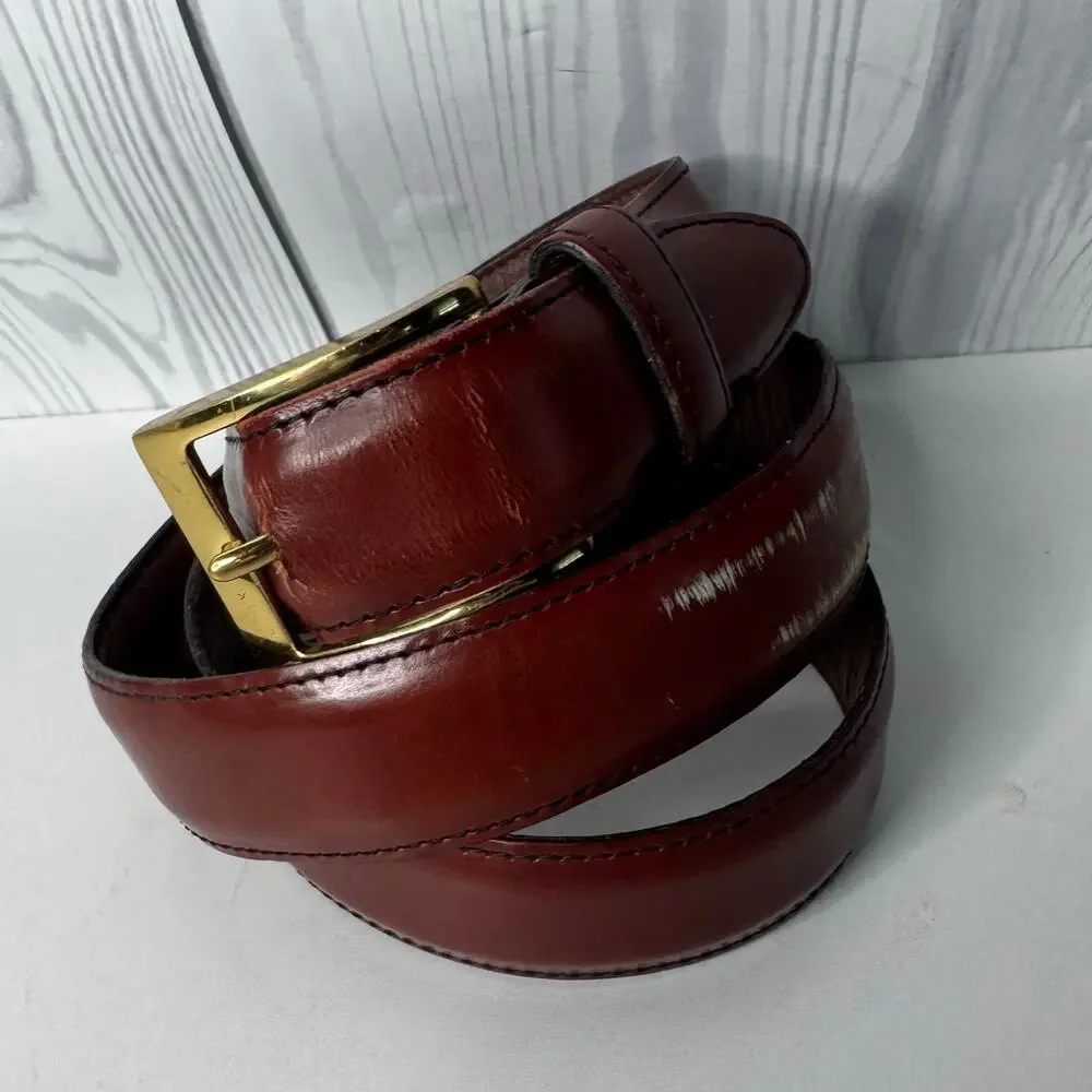 LL Bean Vintage Genuine Full Grain Leather Belt 36 Made in USA Brass Buckle Flaw